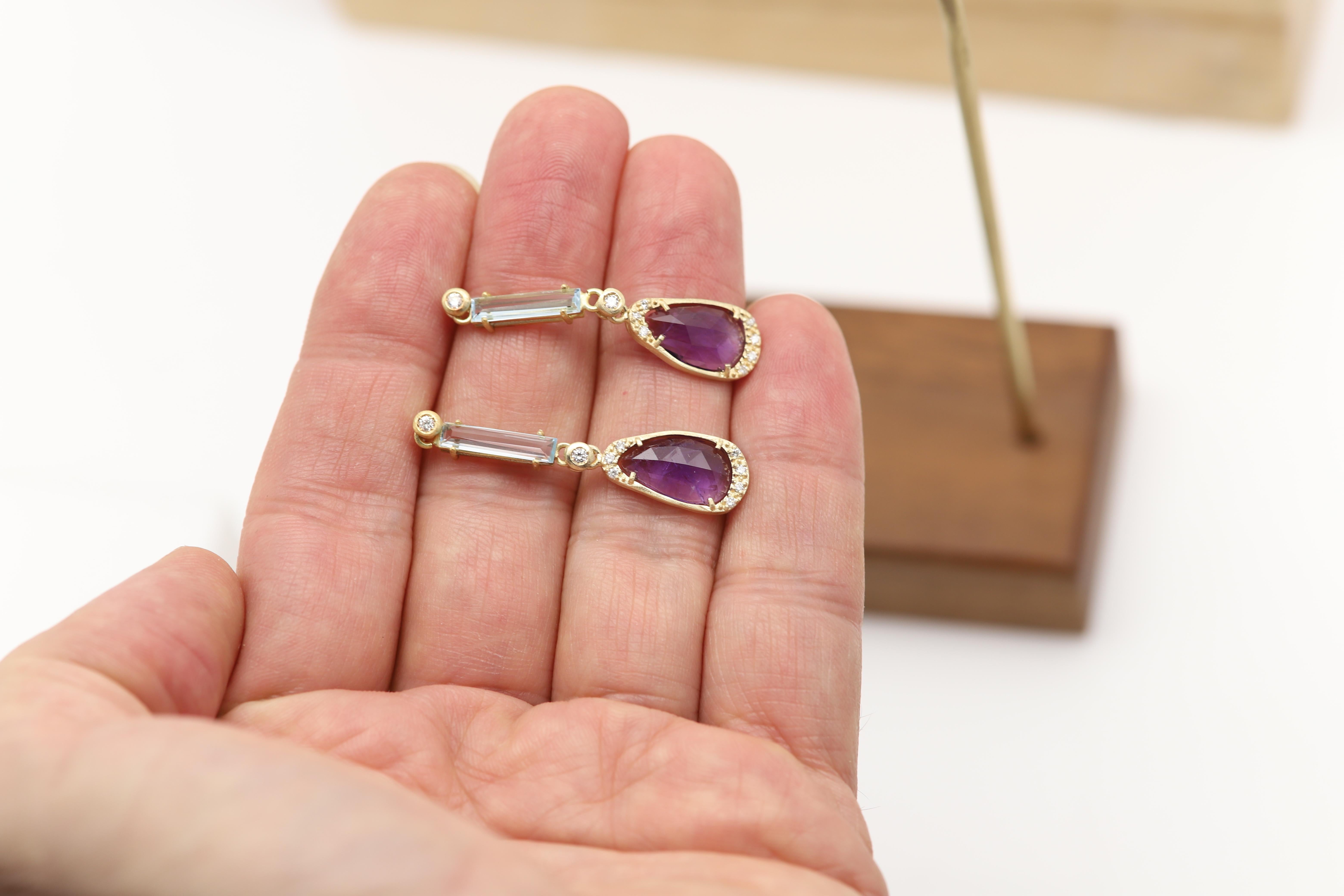 Pendientes de amatista vintage de oro amarillo de 18 quilates colgantes y diamantes naturales en venta 4