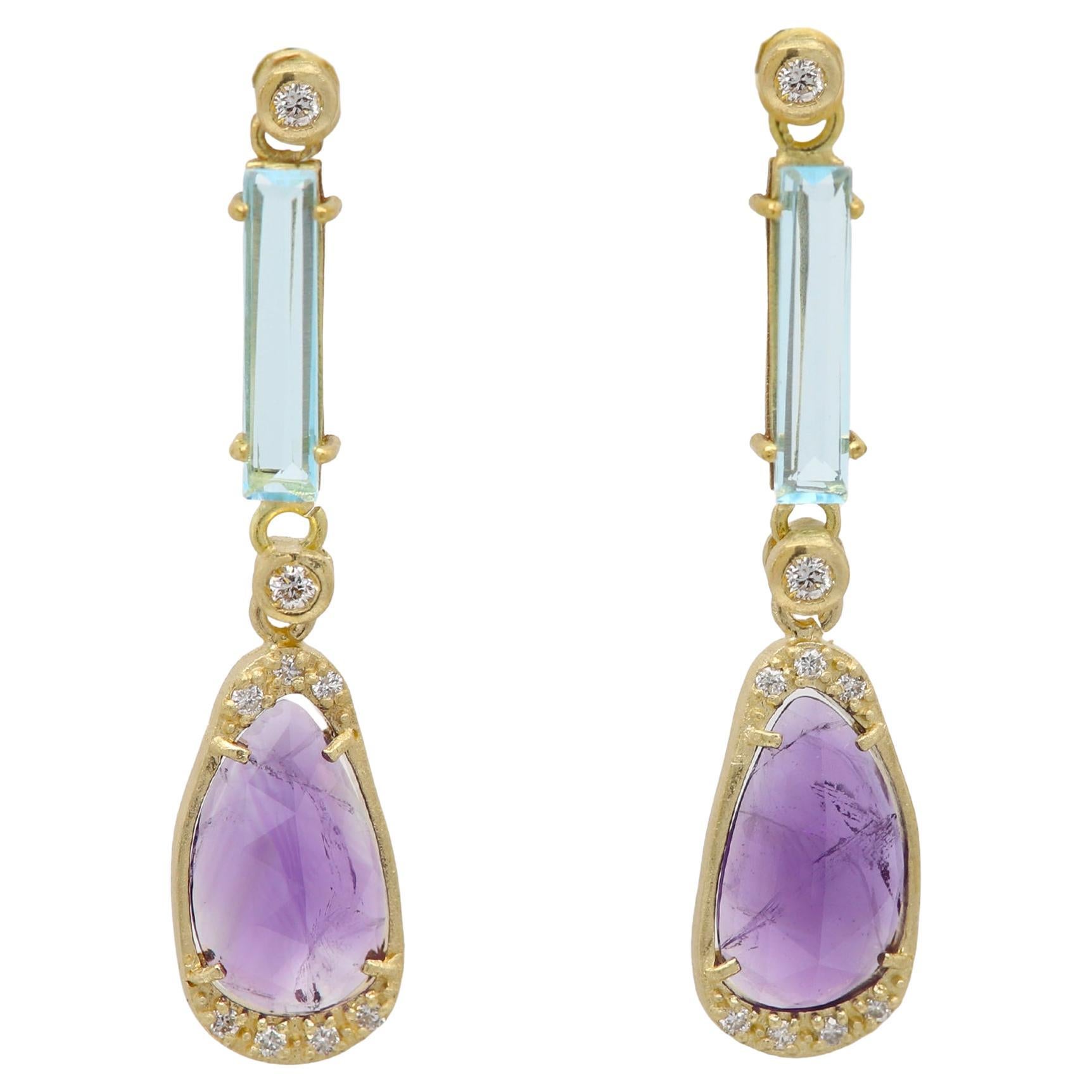 Pendientes de amatista vintage de oro amarillo de 18 quilates colgantes y diamantes naturales en venta