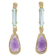 Pendientes de amatista vintage de oro amarillo de 18 quilates colgantes y diamantes naturales