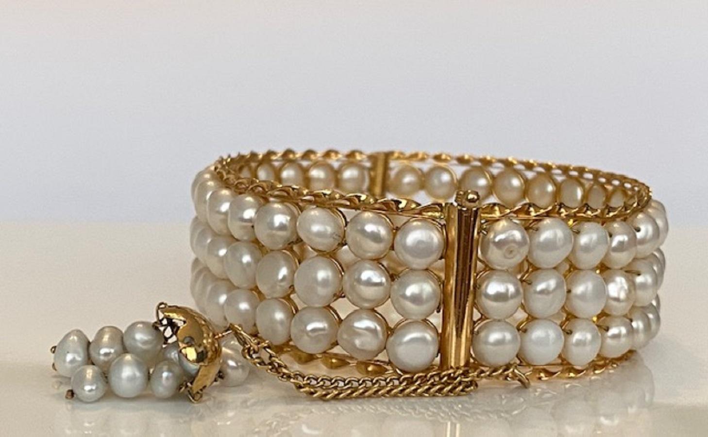 18 Karat Vintage Yellow Gold  3-Row of Cultured Pearl Bracelet 4