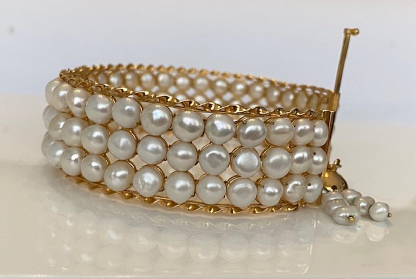 18 Karat Vintage Yellow Gold  3-Row of Cultured Pearl Bracelet 5