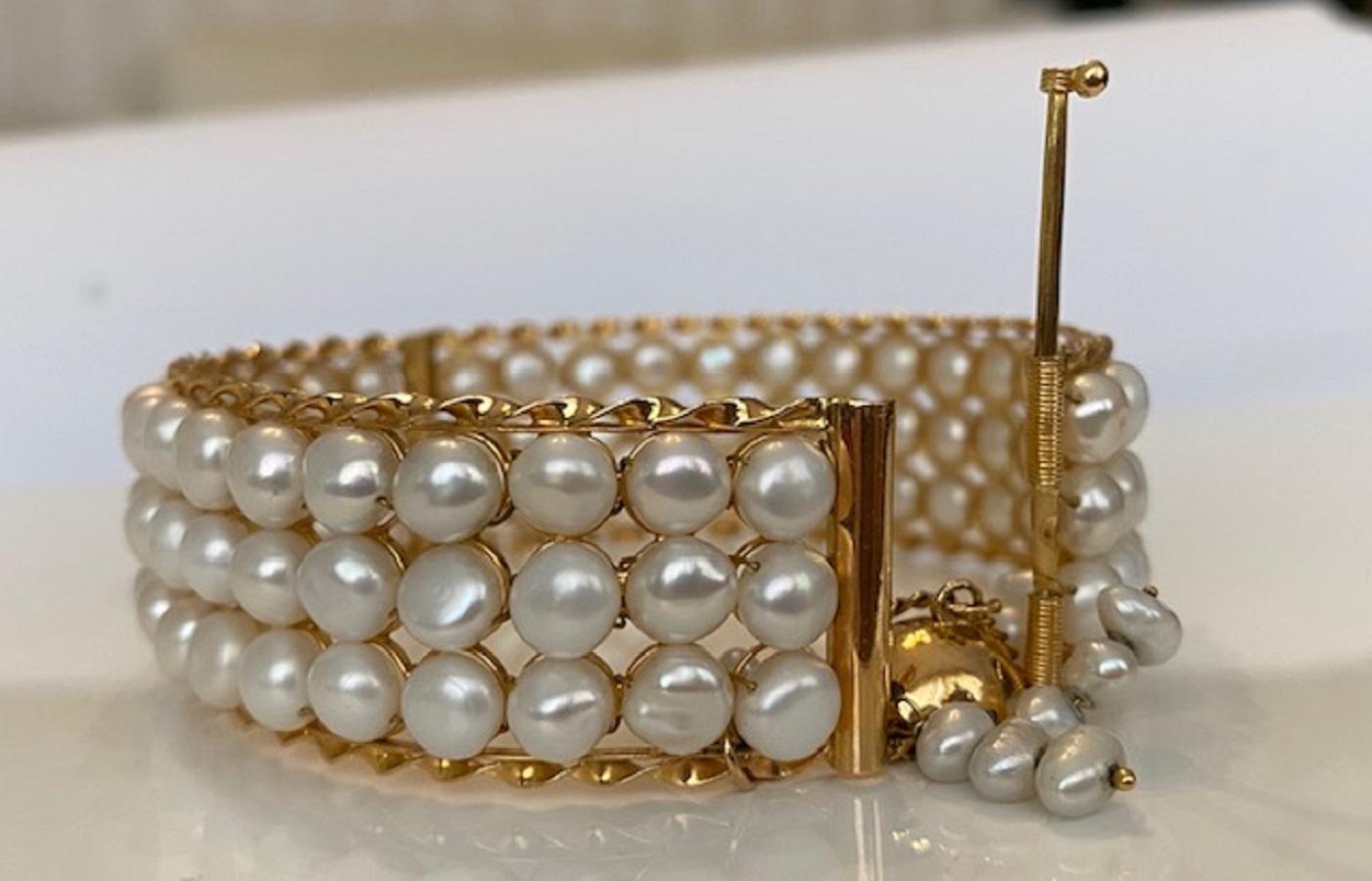 18 Karat Vintage Yellow Gold  3-Row of Cultured Pearl Bracelet 6