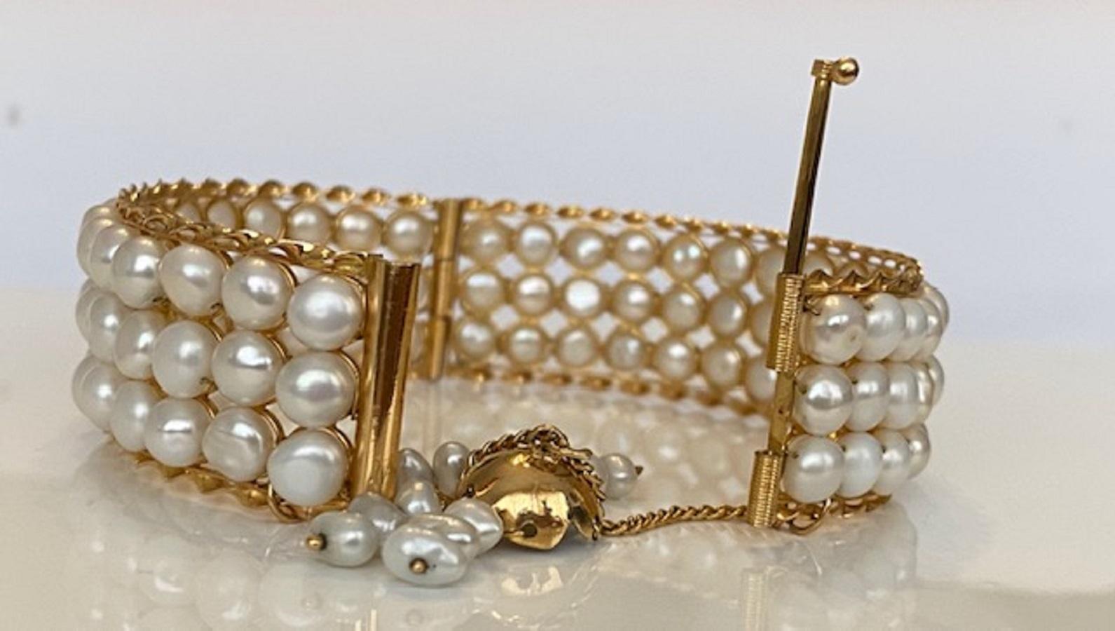 18 Karat Vintage Yellow Gold  3-Row of Cultured Pearl Bracelet 7