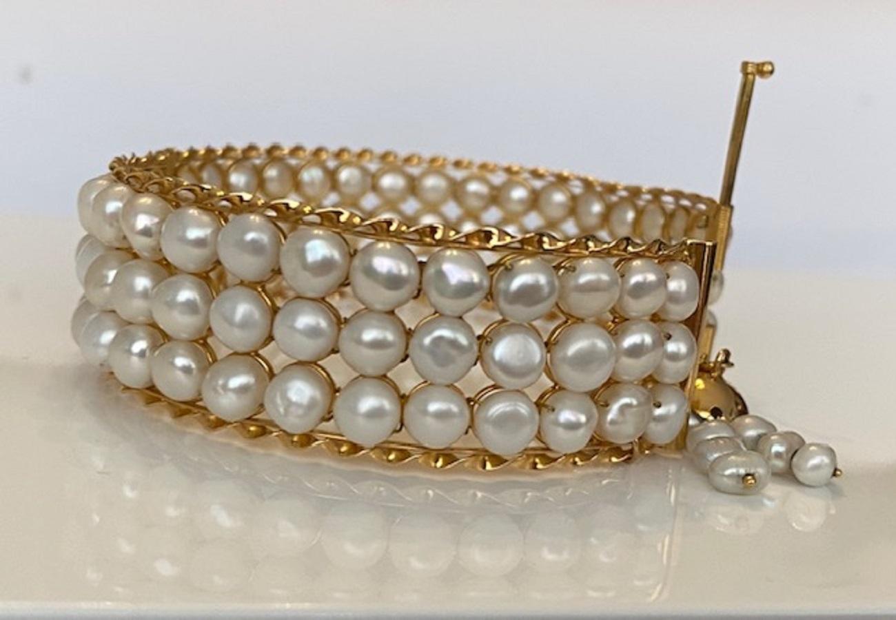 18 Karat Vintage Yellow Gold  3-Row of Cultured Pearl Bracelet 8