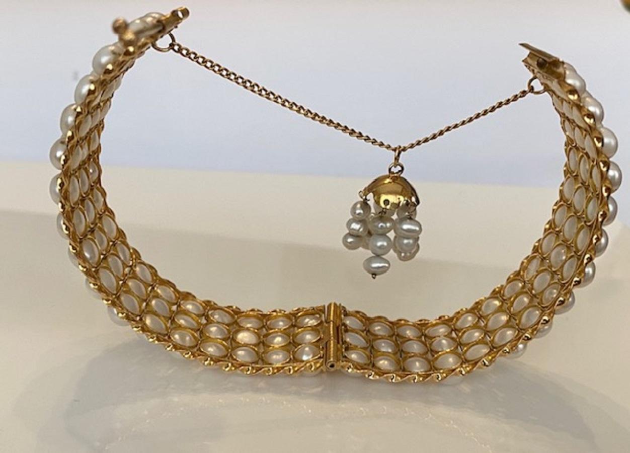 18 Karat Vintage Yellow Gold  3-Row of Cultured Pearl Bracelet 9
