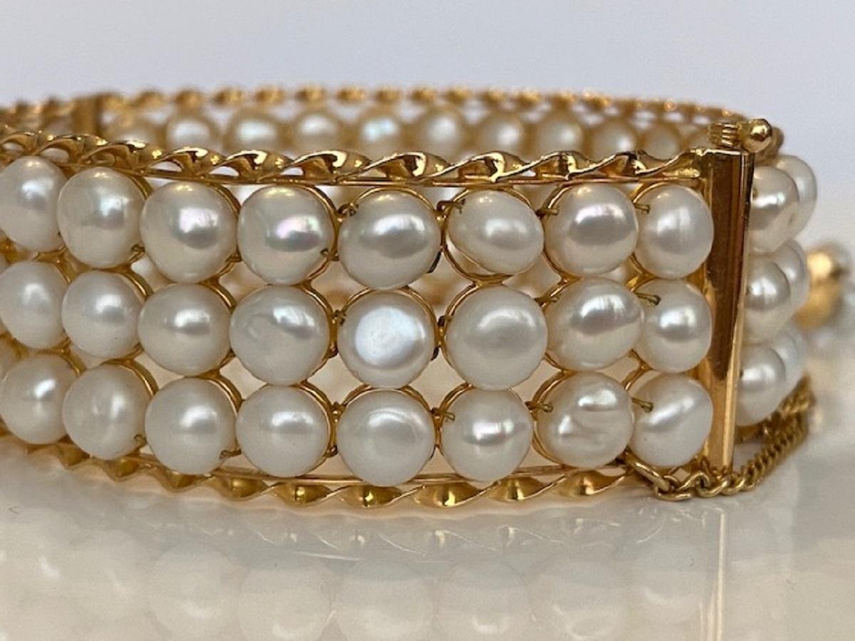 18 Karat Vintage Yellow Gold  3-Row of Cultured Pearl Bracelet 10