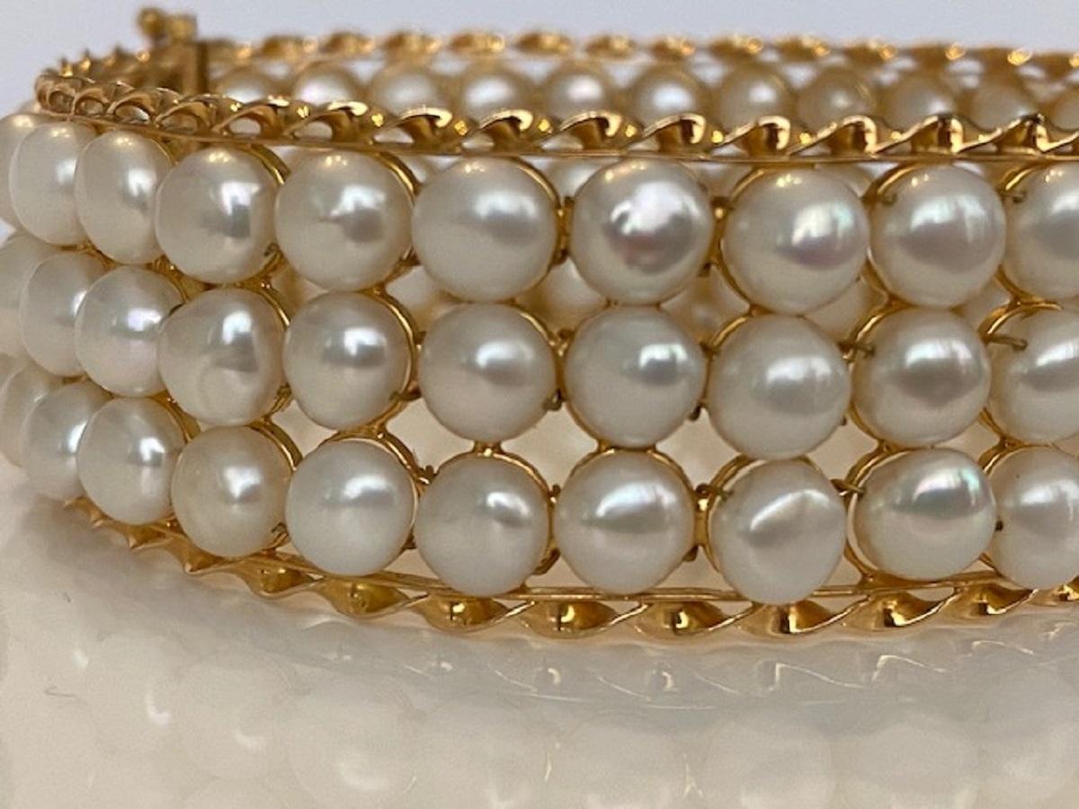 18 Karat Vintage Yellow Gold  3-Row of Cultured Pearl Bracelet 11