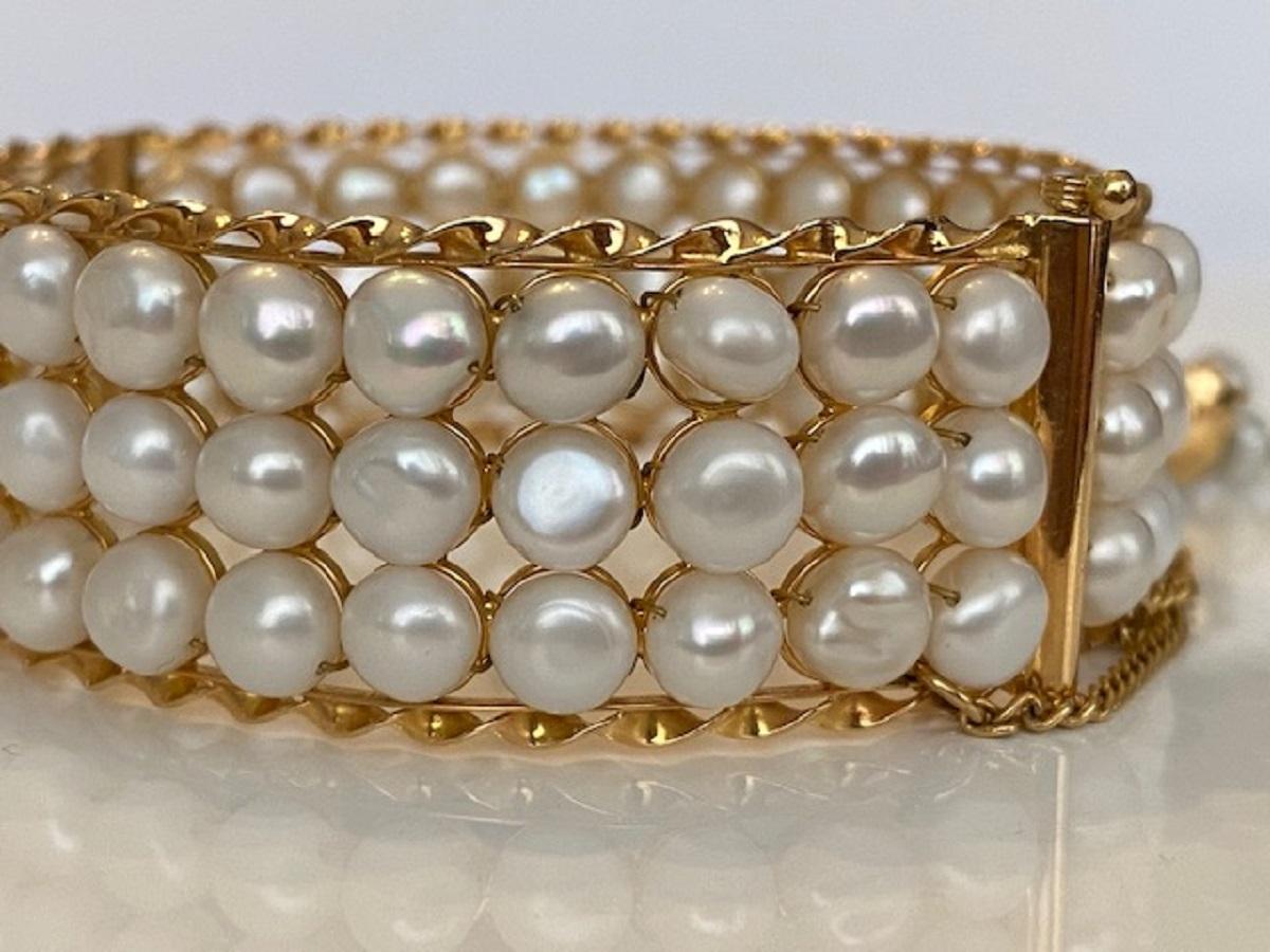 18 Karat Vintage Yellow Gold  3-Row of Cultured Pearl Bracelet 12