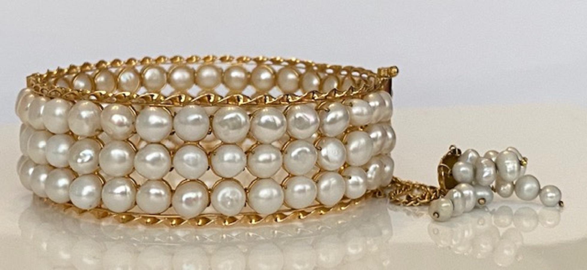 Romantic 18 Karat Vintage Yellow Gold  3-Row of Cultured Pearl Bracelet