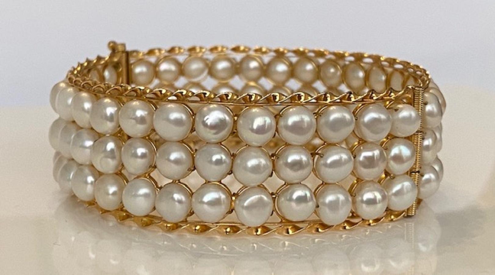 Round Cut 18 Karat Vintage Yellow Gold  3-Row of Cultured Pearl Bracelet