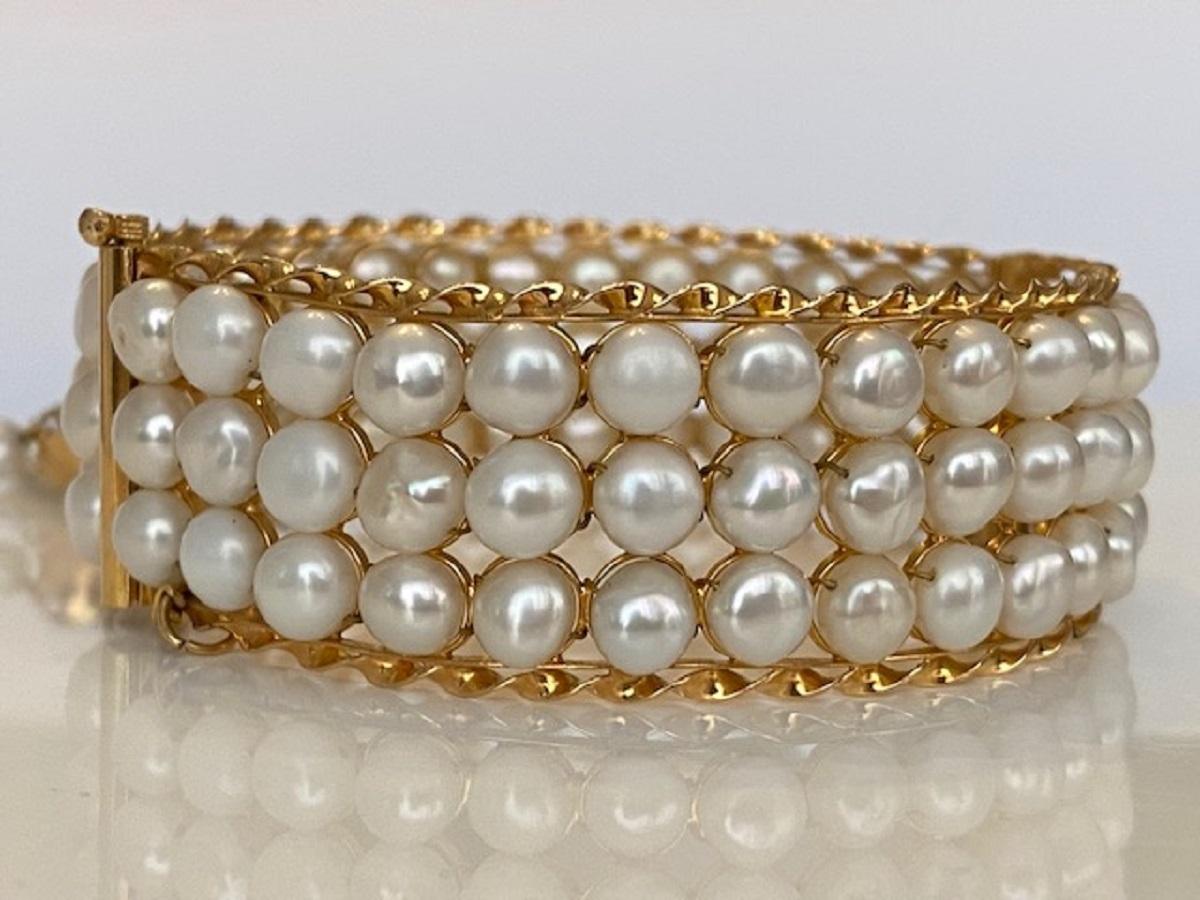 Women's 18 Karat Vintage Yellow Gold  3-Row of Cultured Pearl Bracelet