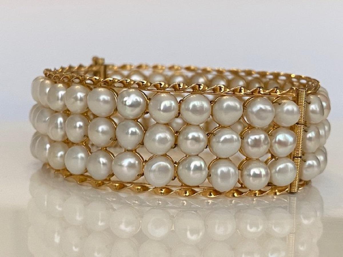 18 Karat Vintage Yellow Gold  3-Row of Cultured Pearl Bracelet 1