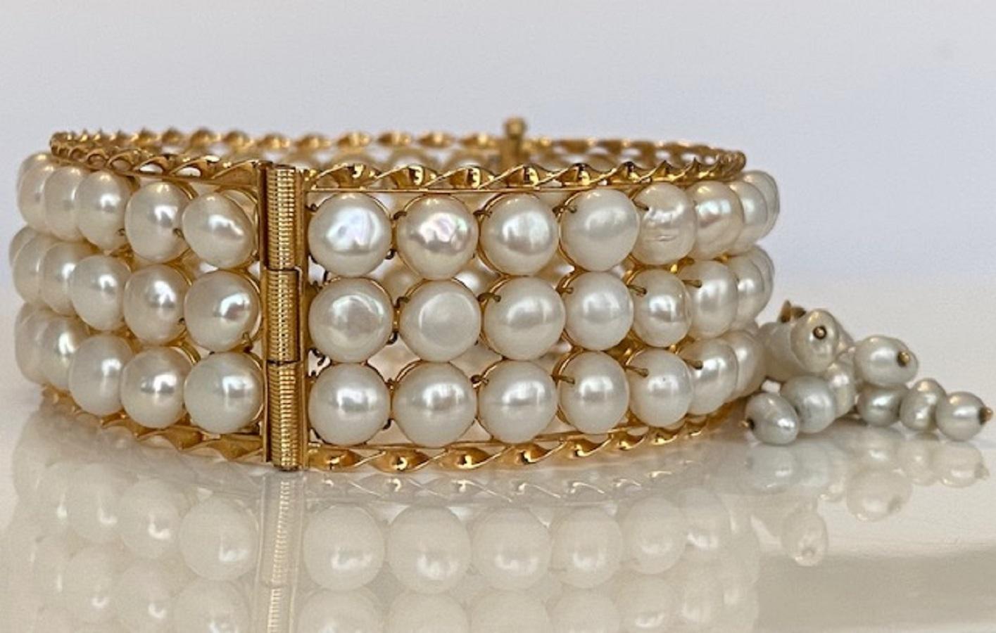 18 Karat Vintage Yellow Gold  3-Row of Cultured Pearl Bracelet 2