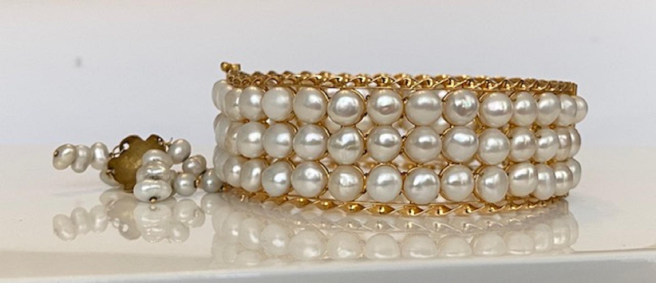 18 Karat Vintage Yellow Gold  3-Row of Cultured Pearl Bracelet 3