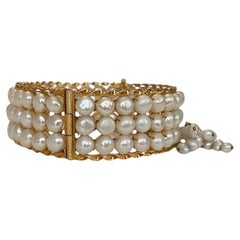 18 Karat Vintage Yellow Gold  3-Row of Cultured Pearl Bracelet