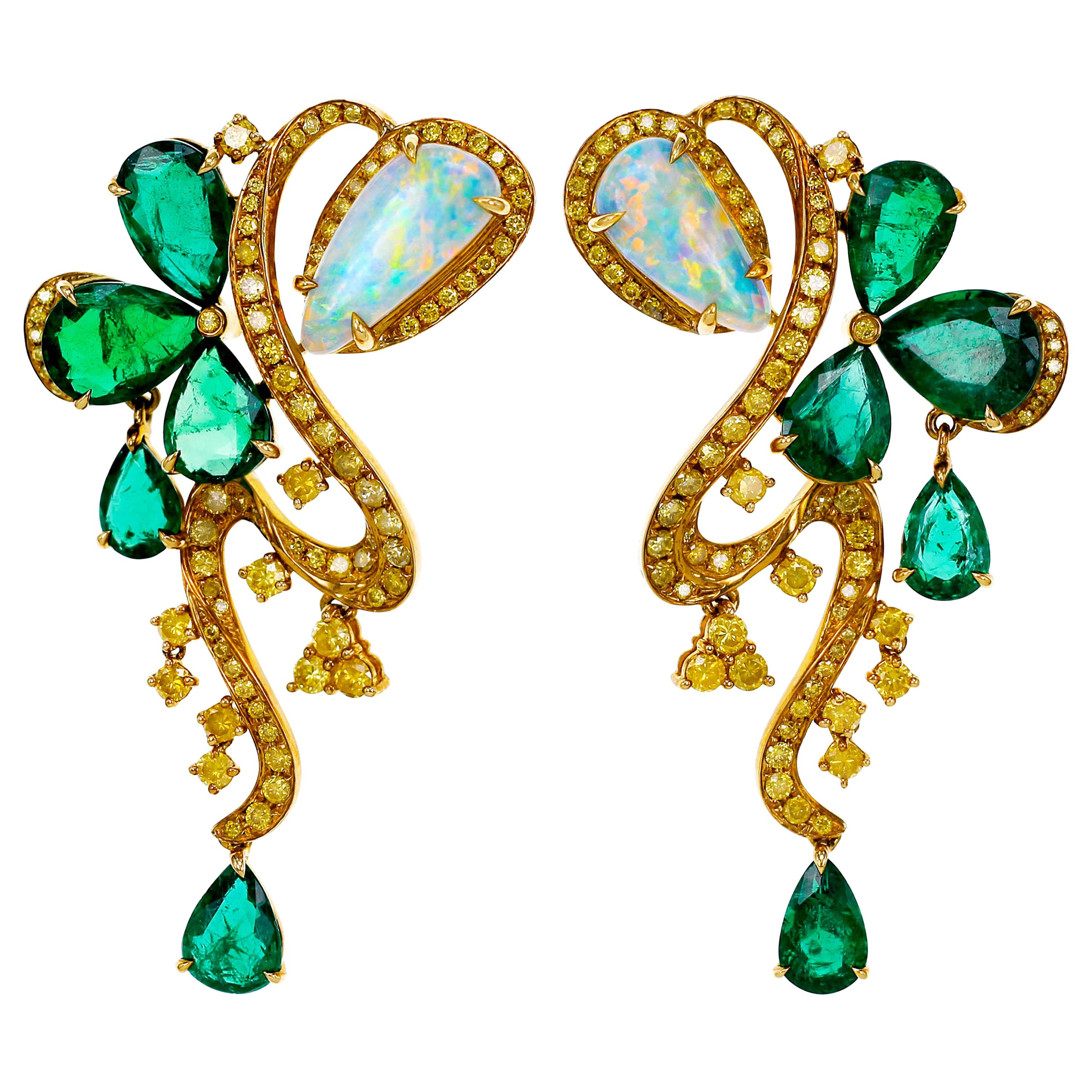 18 Karat Vivid Green Emerald and Ethiopian Opal Dangle Earring For Sale