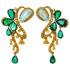 18 Karat Vivid Green Emerald and Ethiopian Opal Dangle Earring