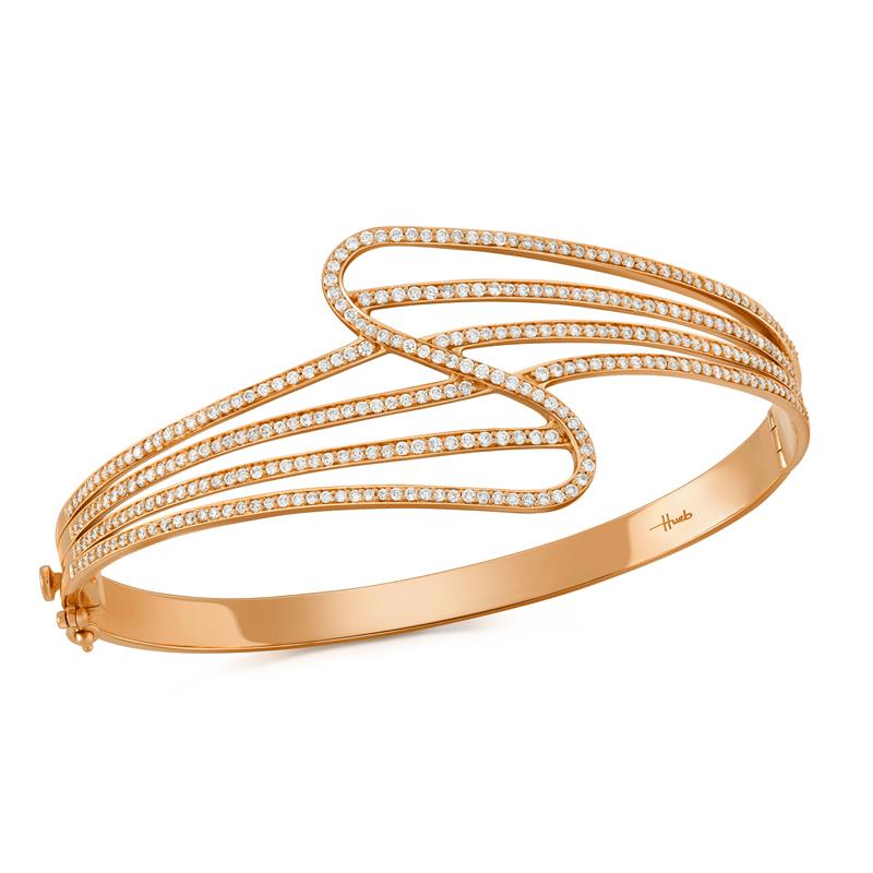 Brilliant Cut 18 Karat Wave Pink Gold Bracelet/Bangle with Vs-Gh Diamonds For Sale