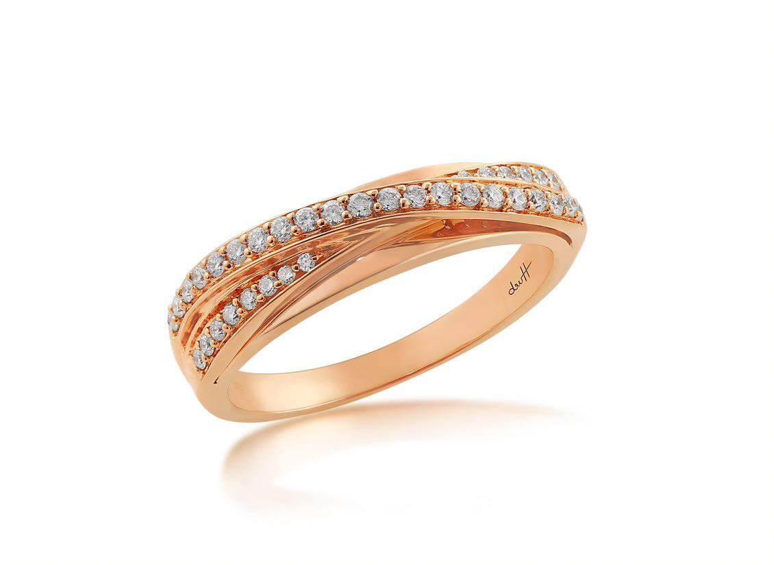 Contemporary 18 Karat Wave Pink Gold Ring with Vs Gh Diamonds For Sale