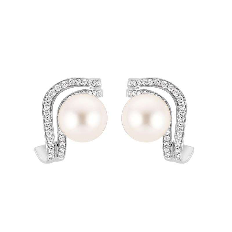 Contemporary 18 Karat Wave White Gold Earring with Vs-Gh Diamonds and White Pearl For Sale