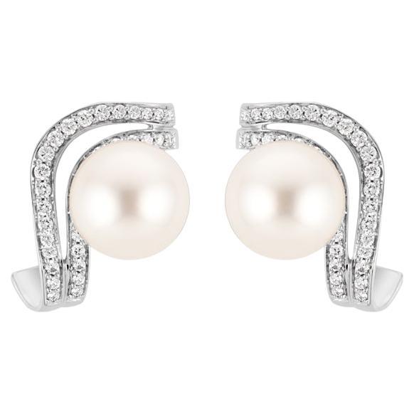 18 Karat Wave White Gold Earring with Vs-Gh Diamonds and White Pearl For Sale