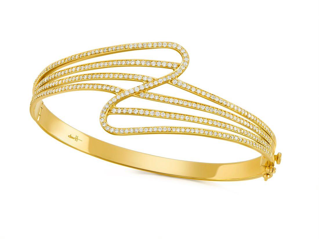 Contemporary 18 Karat Wave Yellow Gold Bracelet/Bangle with Vs Gh Diamonds For Sale