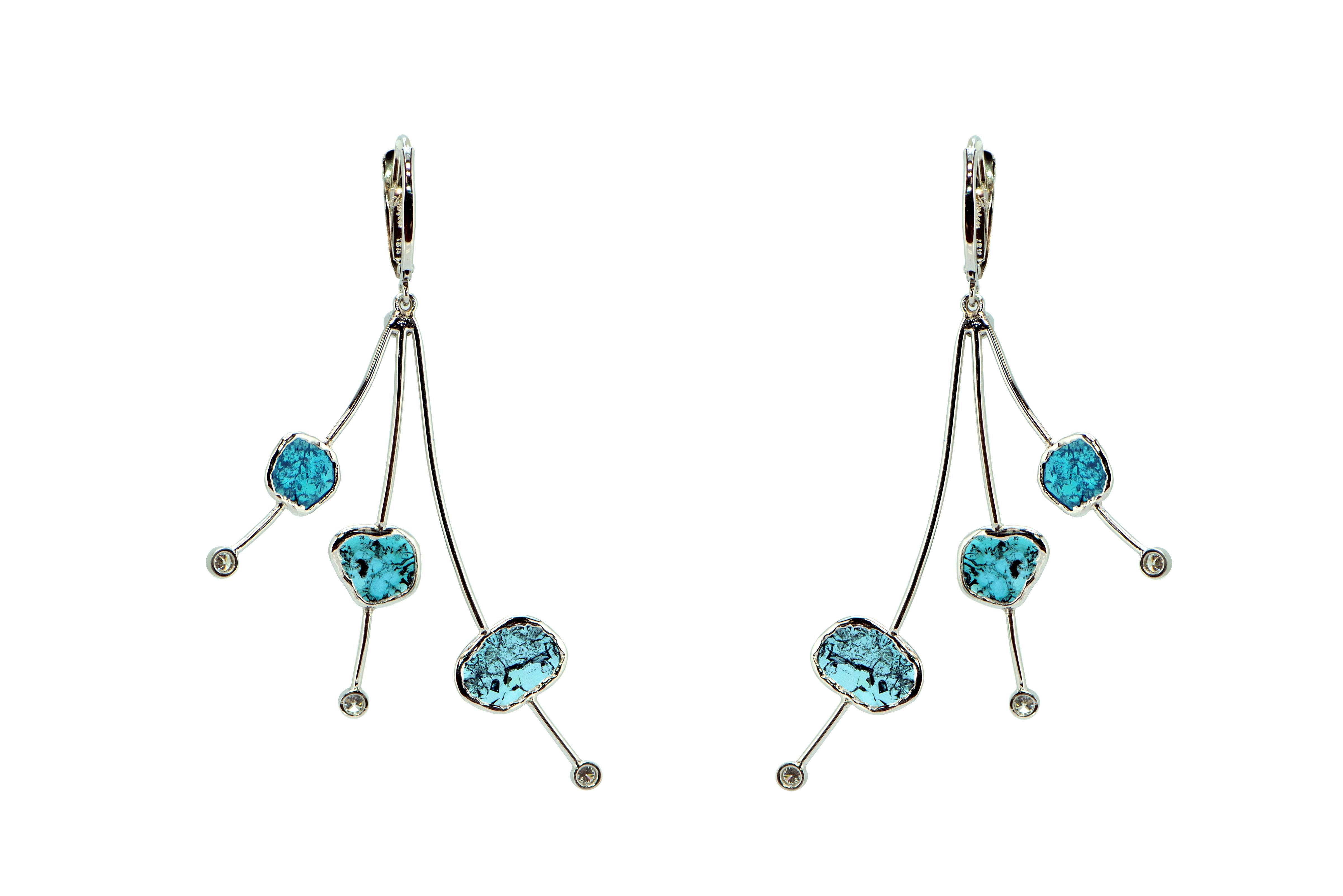 18 Karat White Gold, 2.87 CT Blue Diamond Slice, and 0.16 CT White Diamond Dangle Earrings. About 2.5 inches long and 1.5 inches wide. Lever back closure.