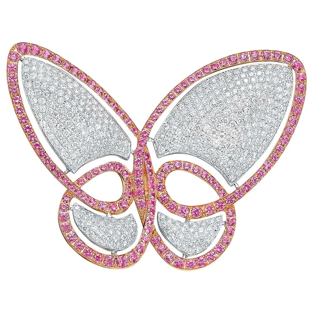 Broche papillon en or 18 carats WG, diamants de 4,20 carats et saphirs roses de 4,80 carats en vente