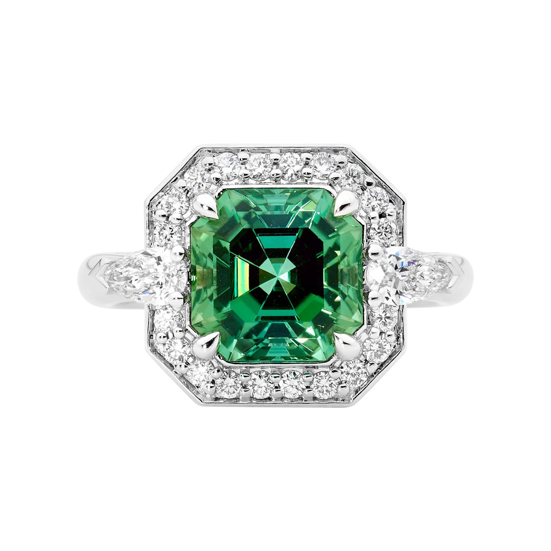 18 Karat WG 4.27 Carat Mint Tourmaline and Diamond Dress Ring For Sale