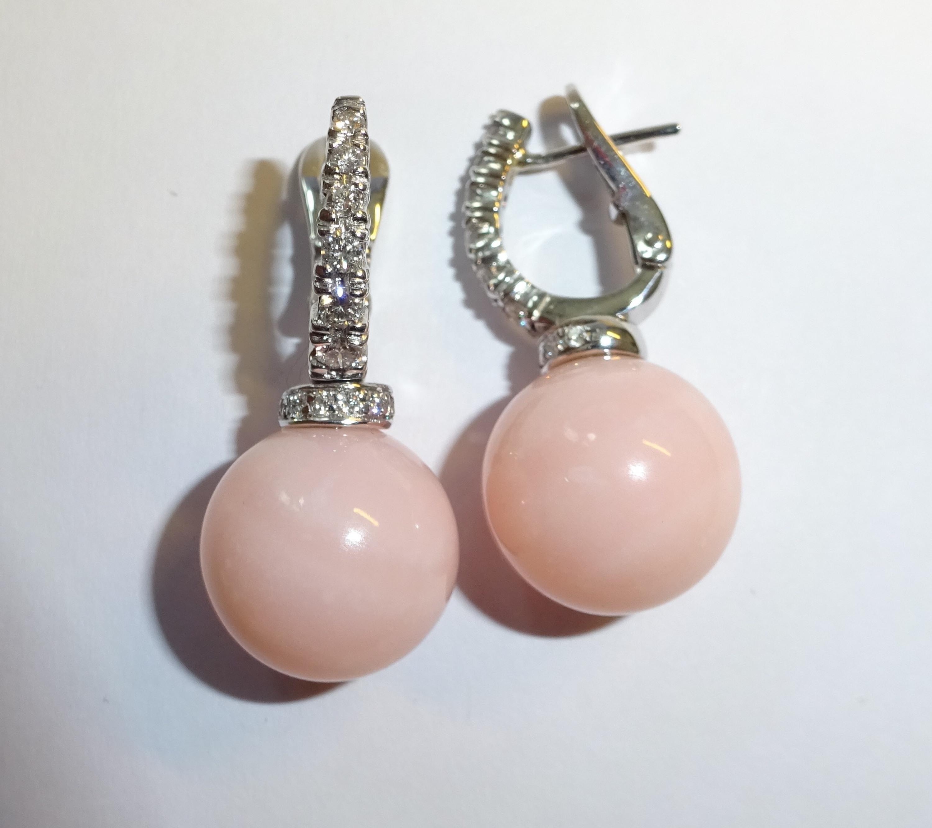 Modern 18 Karat WG and Diamond, Rose opal Dangle Earrings For Sale