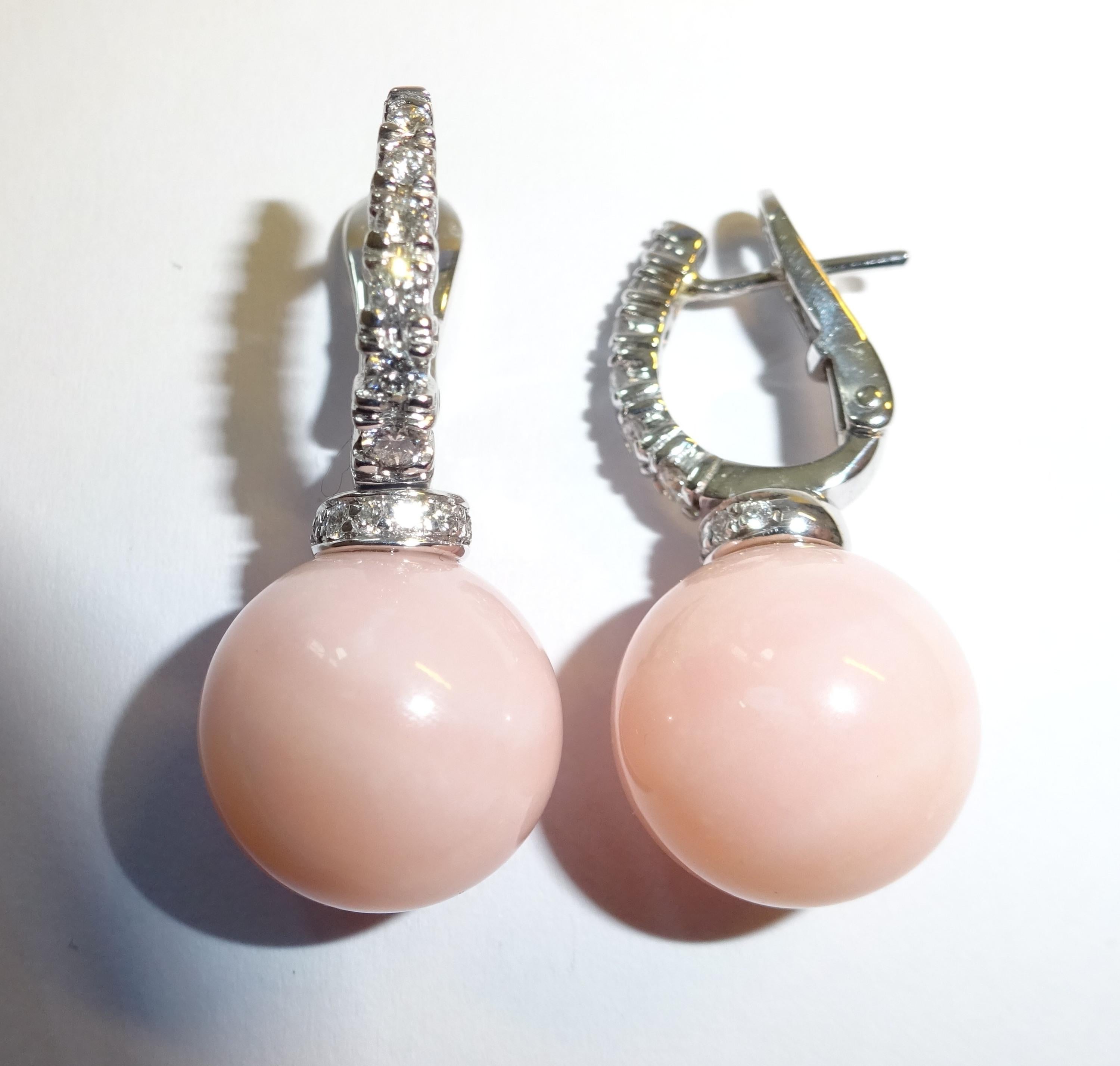 Mixed Cut 18 Karat WG and Diamond, Rose opal Dangle Earrings For Sale