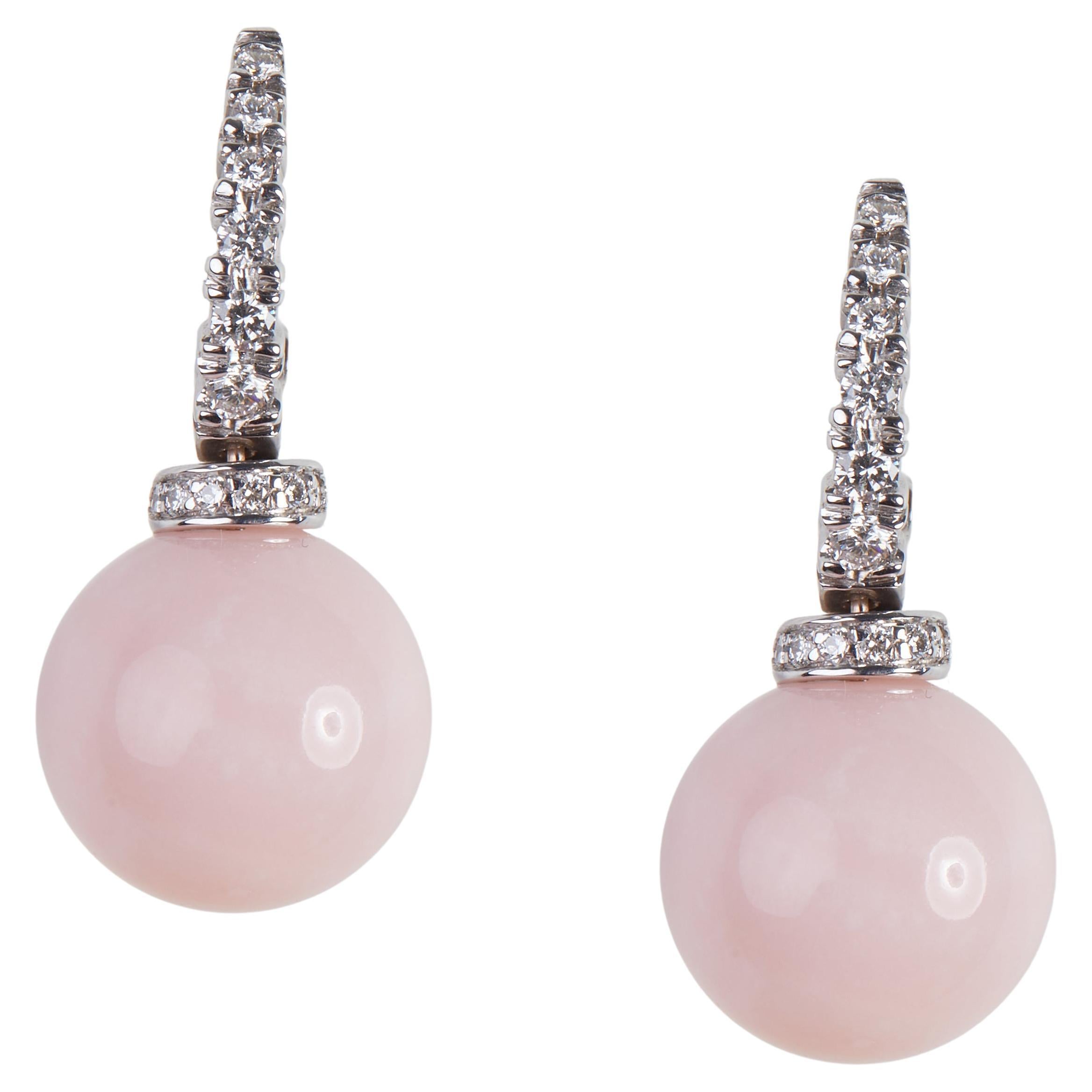 18 Karat WG and Diamond, Rose opal Dangle Earrings For Sale