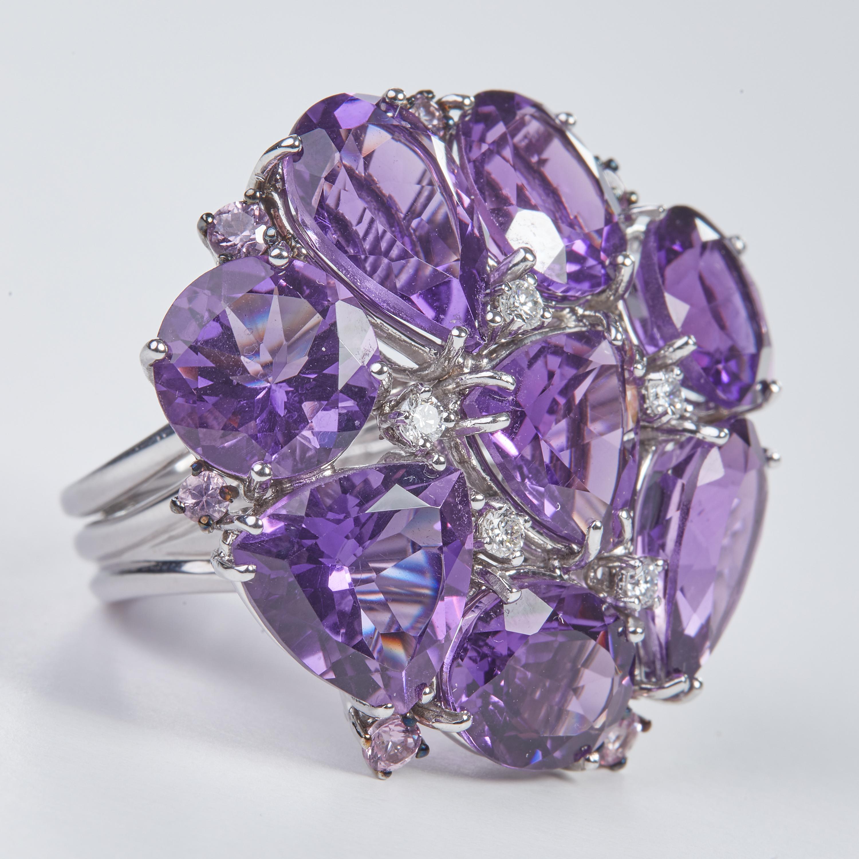 Mixed Cut 18 Karat WG Diamond and Amethyst Coktail Ring For Sale