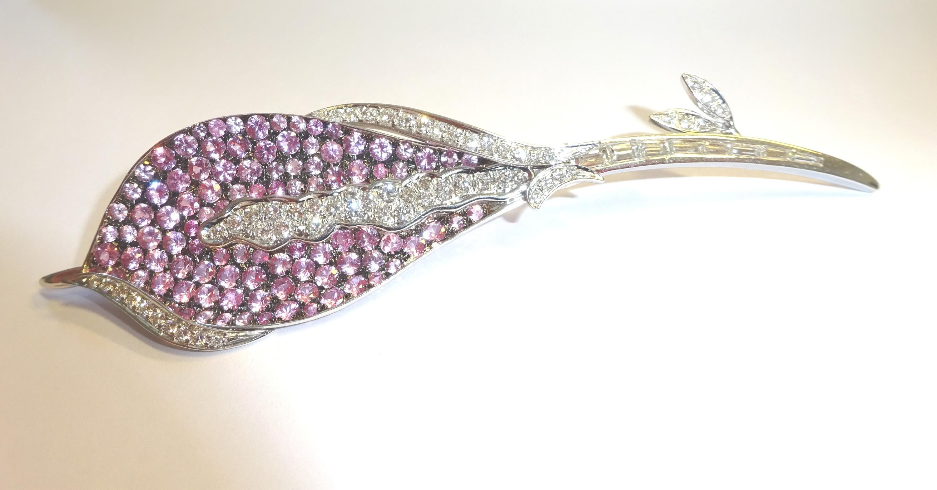 Mixed Cut 18 Karat WG Diamond and Pink Sapphire Brooch For Sale