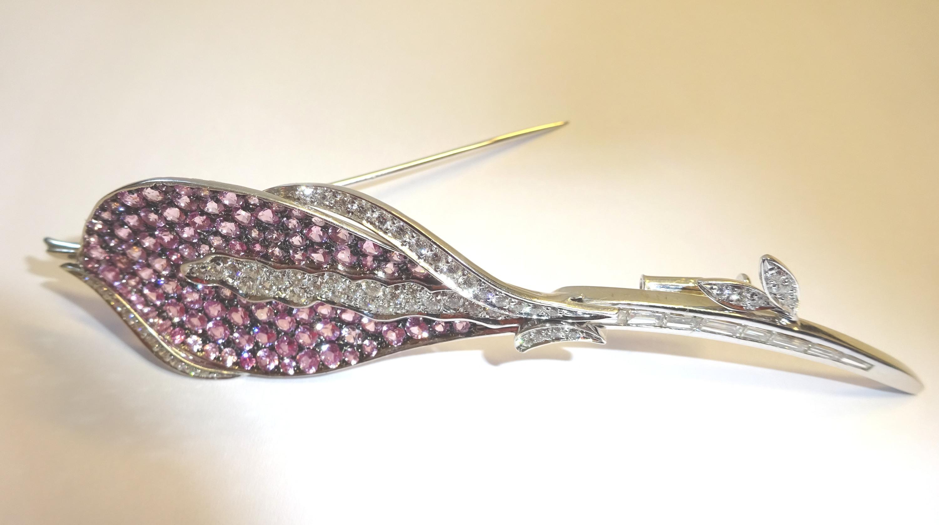 Women's or Men's 18 Karat WG Diamond and Pink Sapphire Brooch For Sale