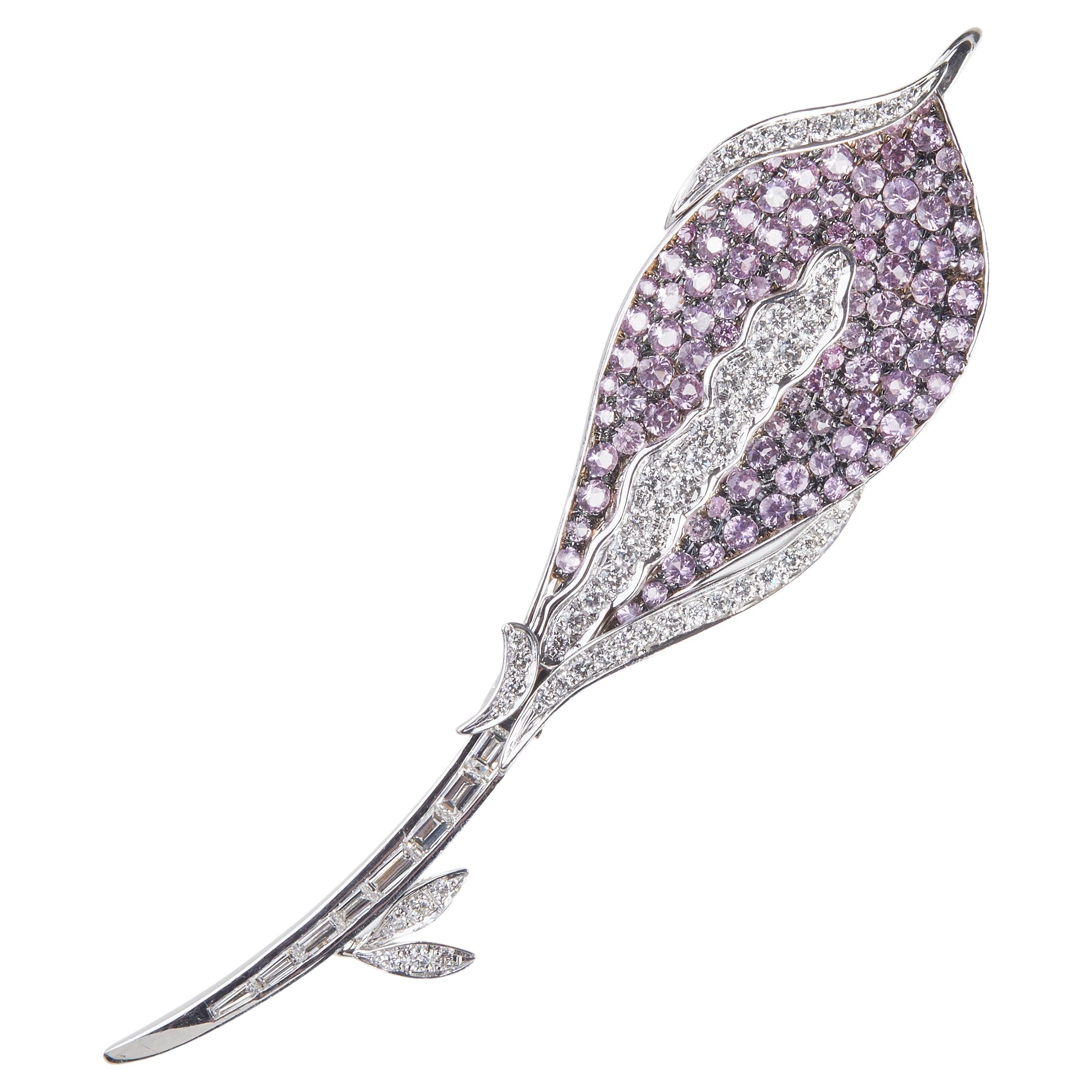 18 Karat WG Diamond and Pink Sapphire Brooch For Sale