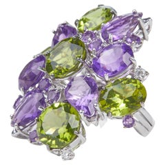 18 Karat WG Diamond Peridot and Amethyst Coktail Ring