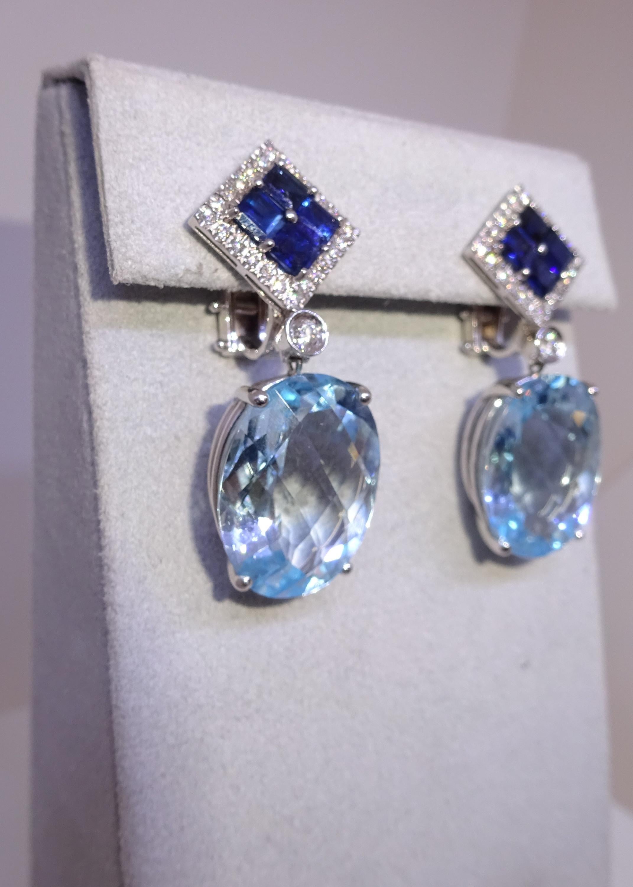 Oval Cut 18 Karat WG Diamond, Topaz and Sapphire Dangle Earrings For Sale