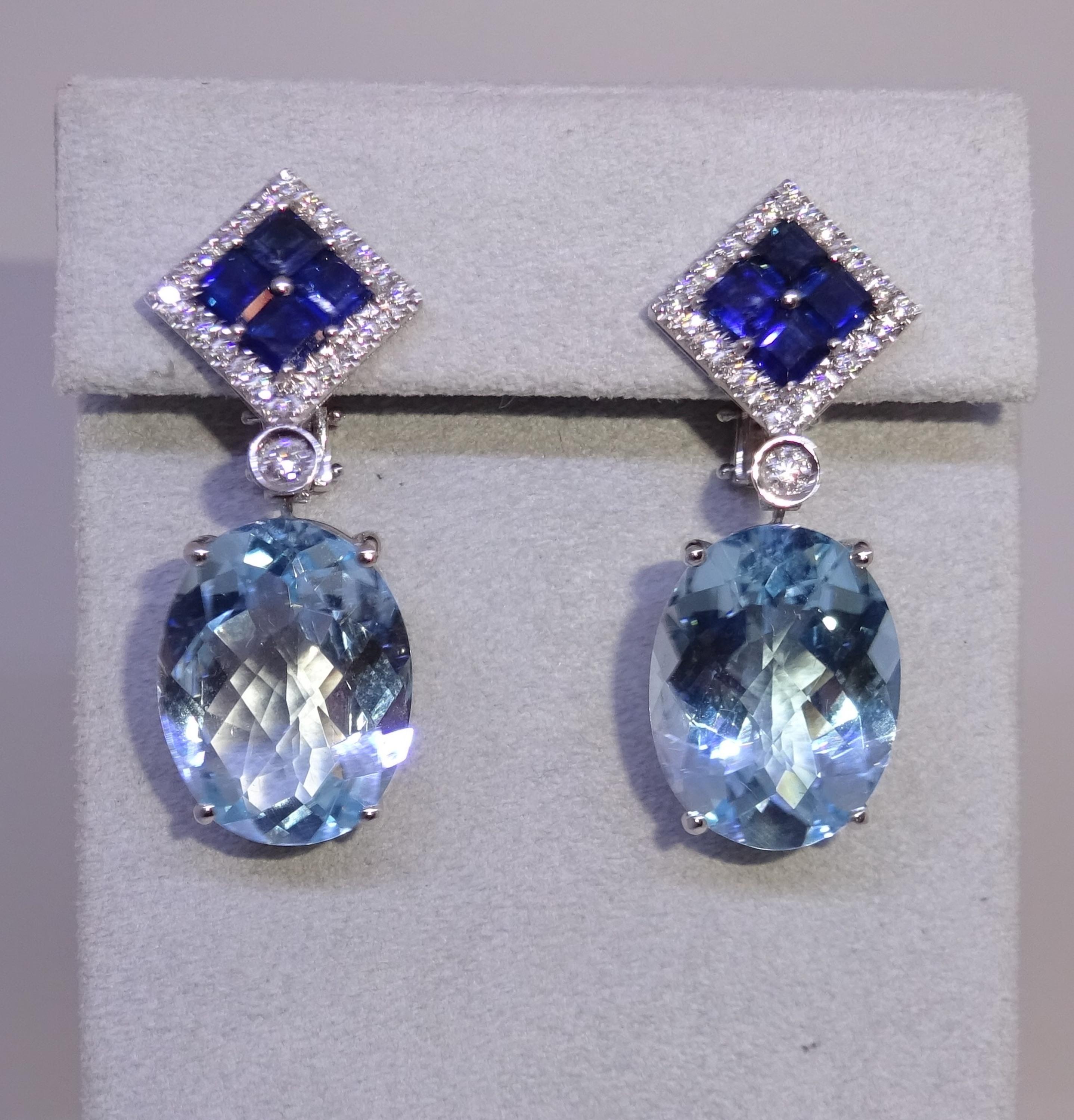Women's or Men's 18 Karat WG Diamond, Topaz and Sapphire Dangle Earrings For Sale