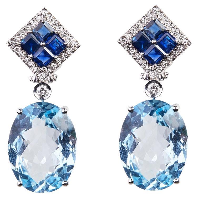 18 Karat WG Diamond, Topaz and Sapphire Dangle Earrings For Sale