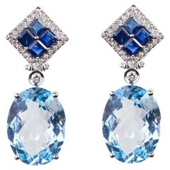 18 Karat WG Diamond, Topaz and Sapphire Dangle Earrings
