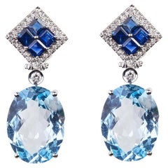 Pendants d'oreilles en or 18 carats avec diamants, topaze et saphirs WG