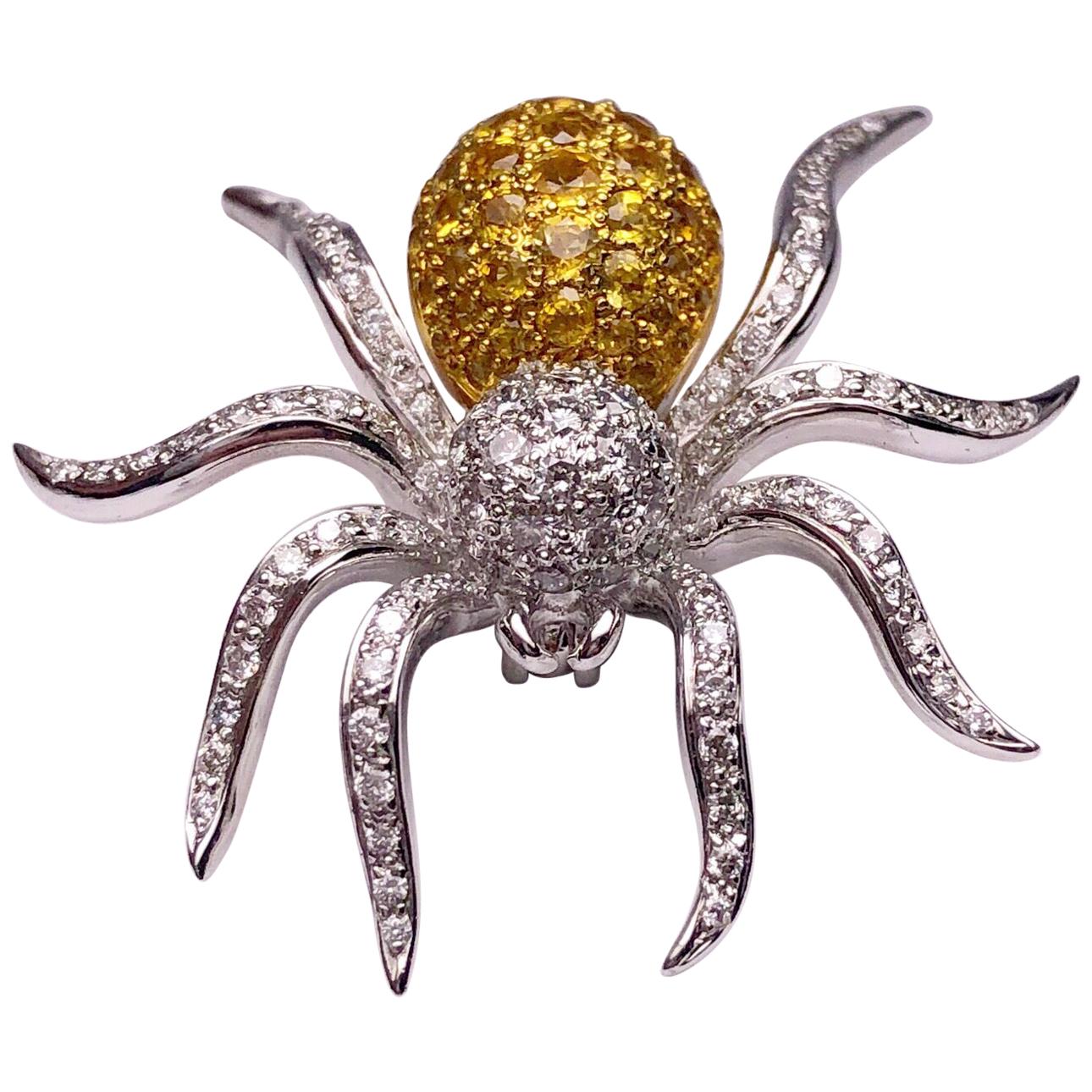 18 Karat WG Spider Brooch with 1.00Ct Diamonds and 1.97Ct Yellow Sapphires