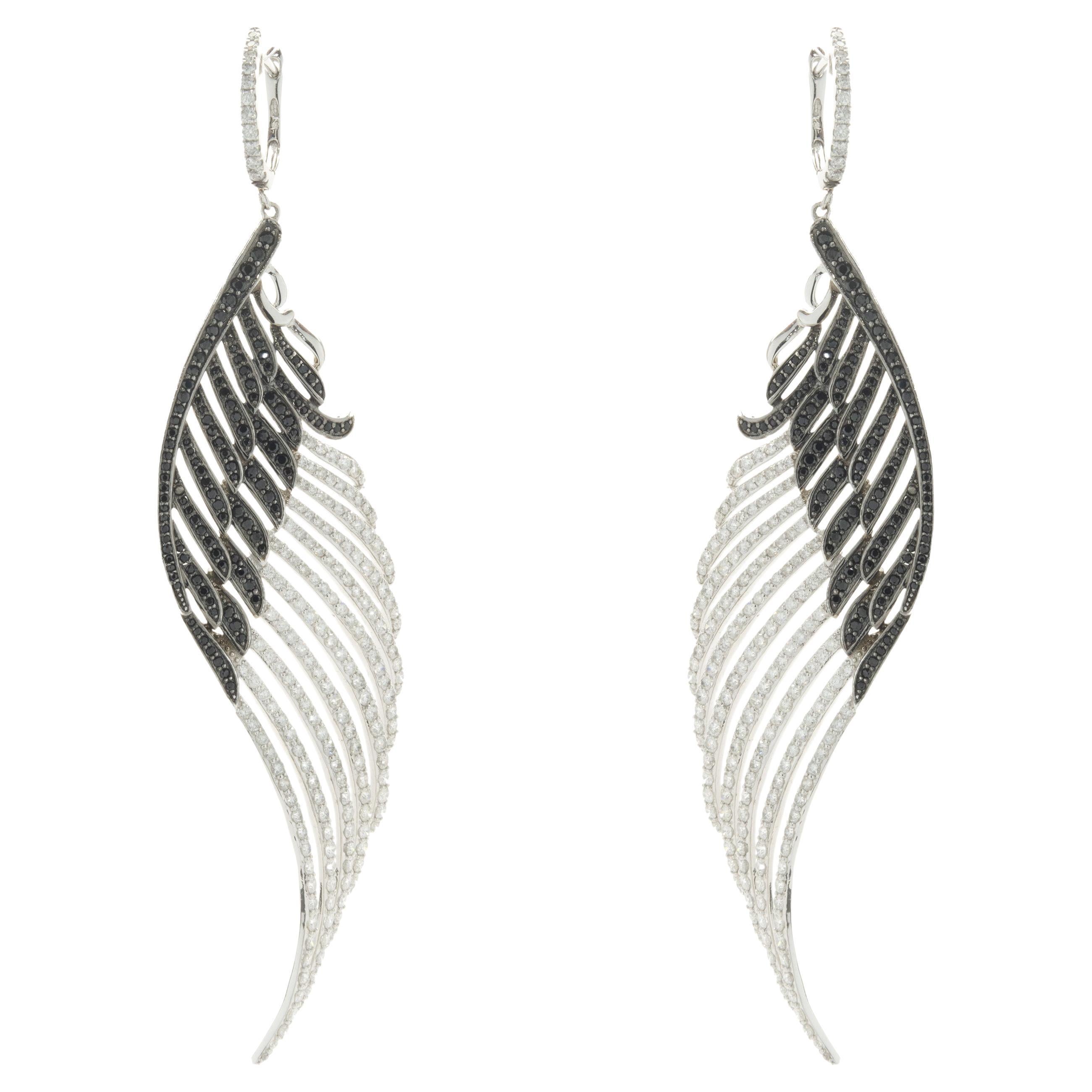 18 Karat White and Black Diamond Angel Wing Drop Earrings For Sale