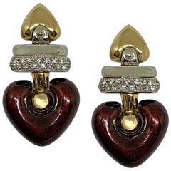 18 Karat White and Pink Gold and Red Enameled Whit White Diamonds Earrings