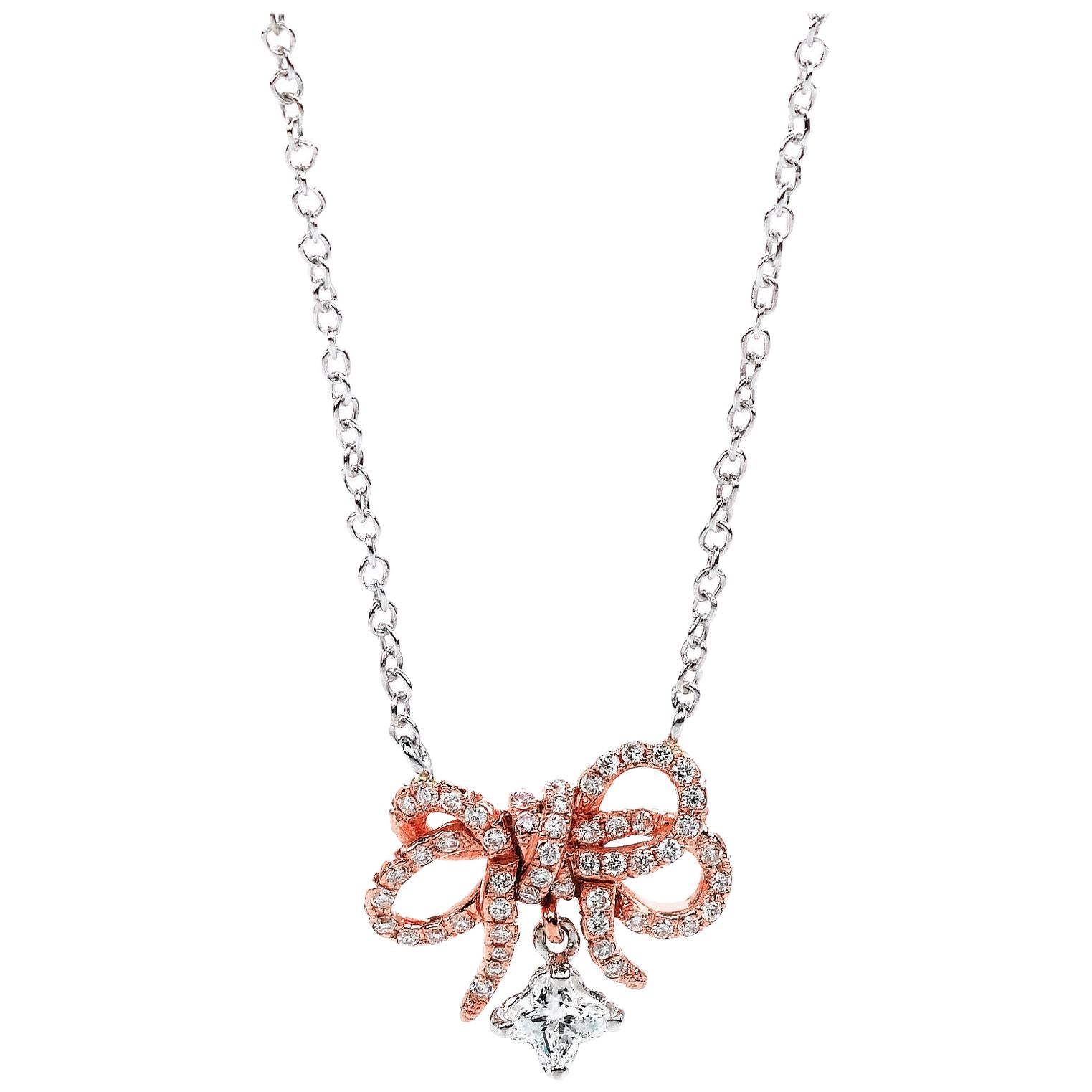 18 Karat White and Rose Gold Bouquet Bow Diamond Flower Necklac 0.46 Carat Total