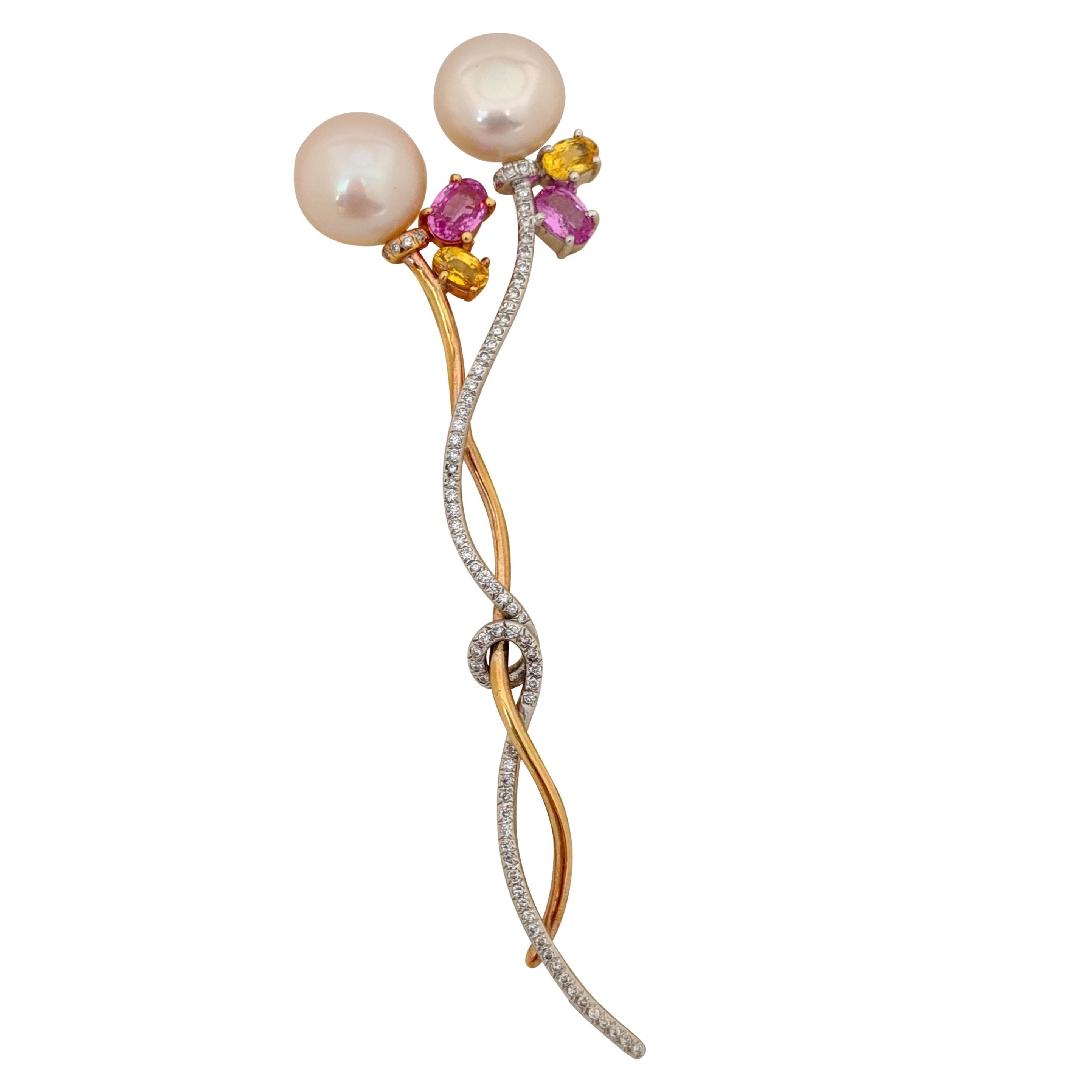 18 Karat White and Rose Gold Brooch with Diamonds, Pearls and Colored Sapphires