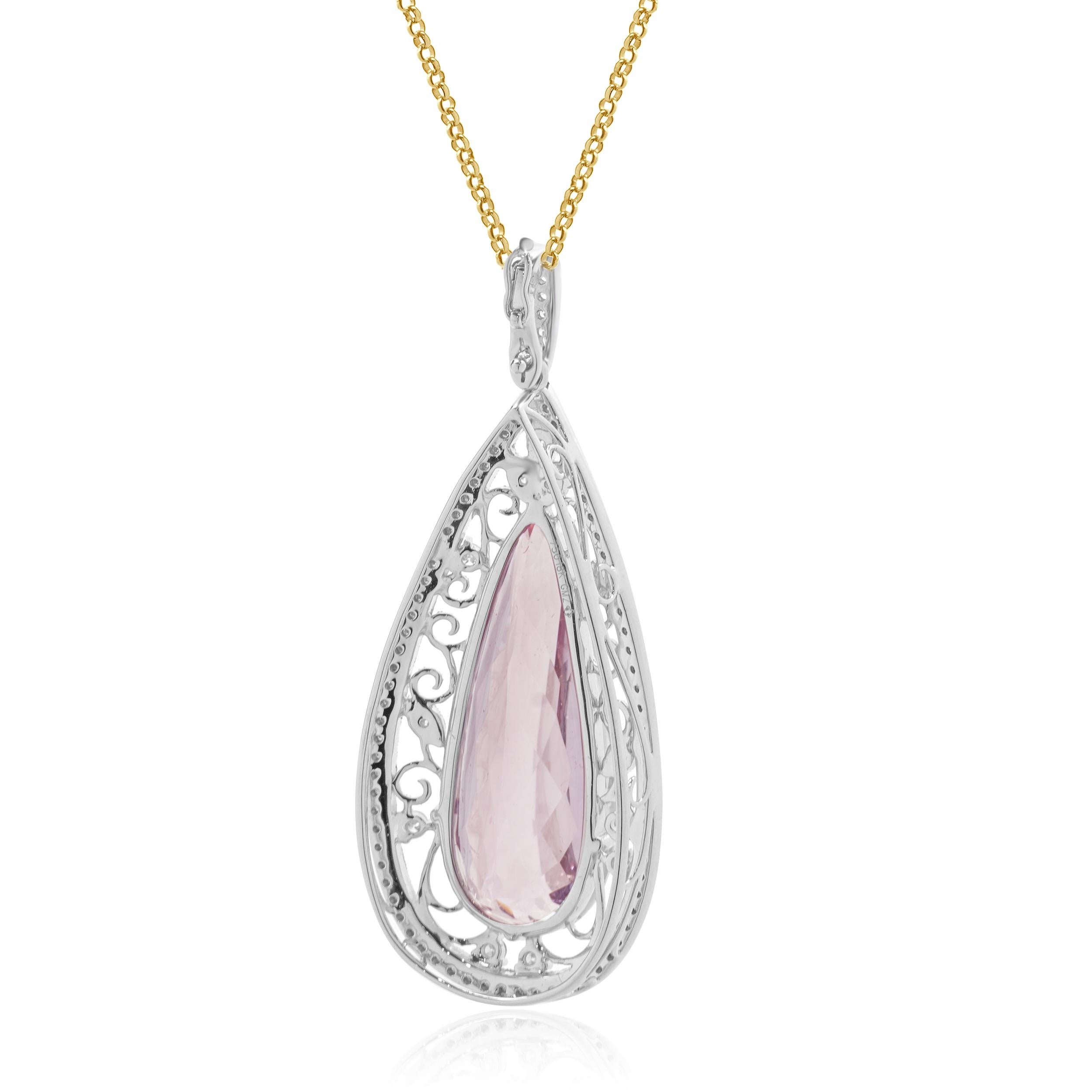 Pear Cut 18 Karat White and Rose Gold Diamond and Kunzite Pendant