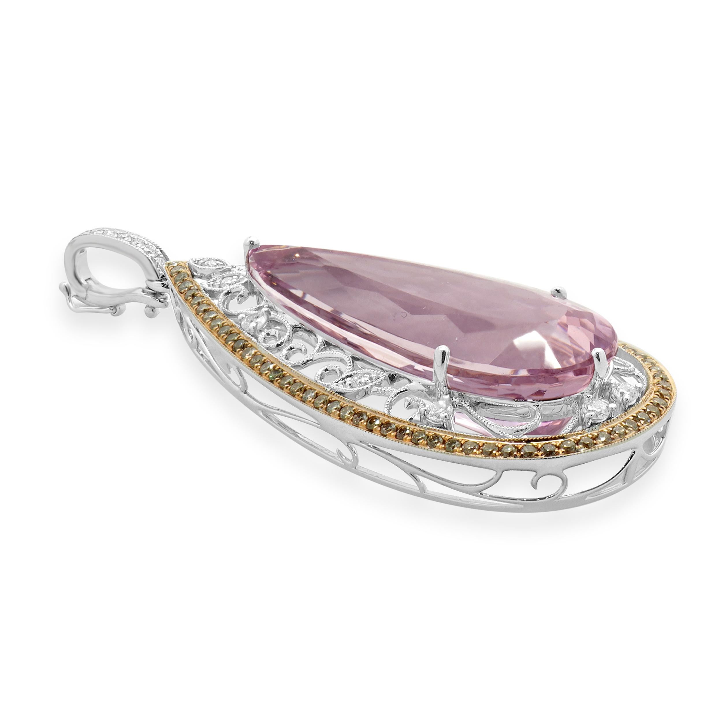 18 Karat White and Rose Gold Diamond and Kunzite Pendant In Excellent Condition For Sale In Scottsdale, AZ