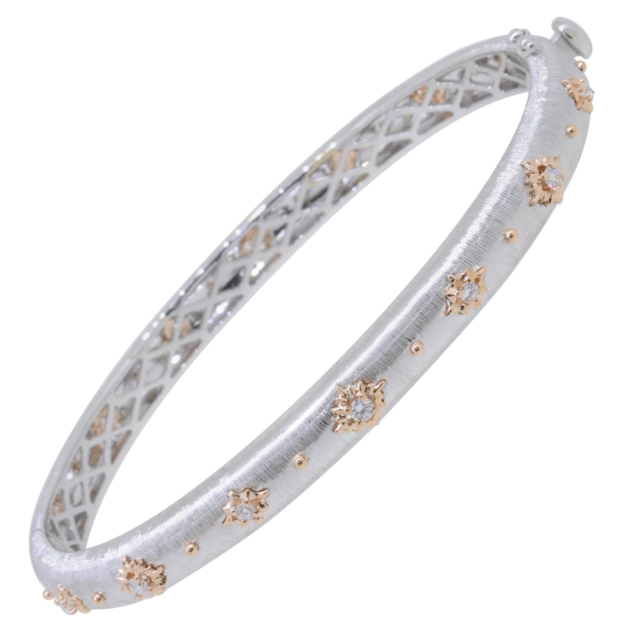 18 Karat White and Rose Gold Diamonds Link Modern Bracelet in Florentine Finish